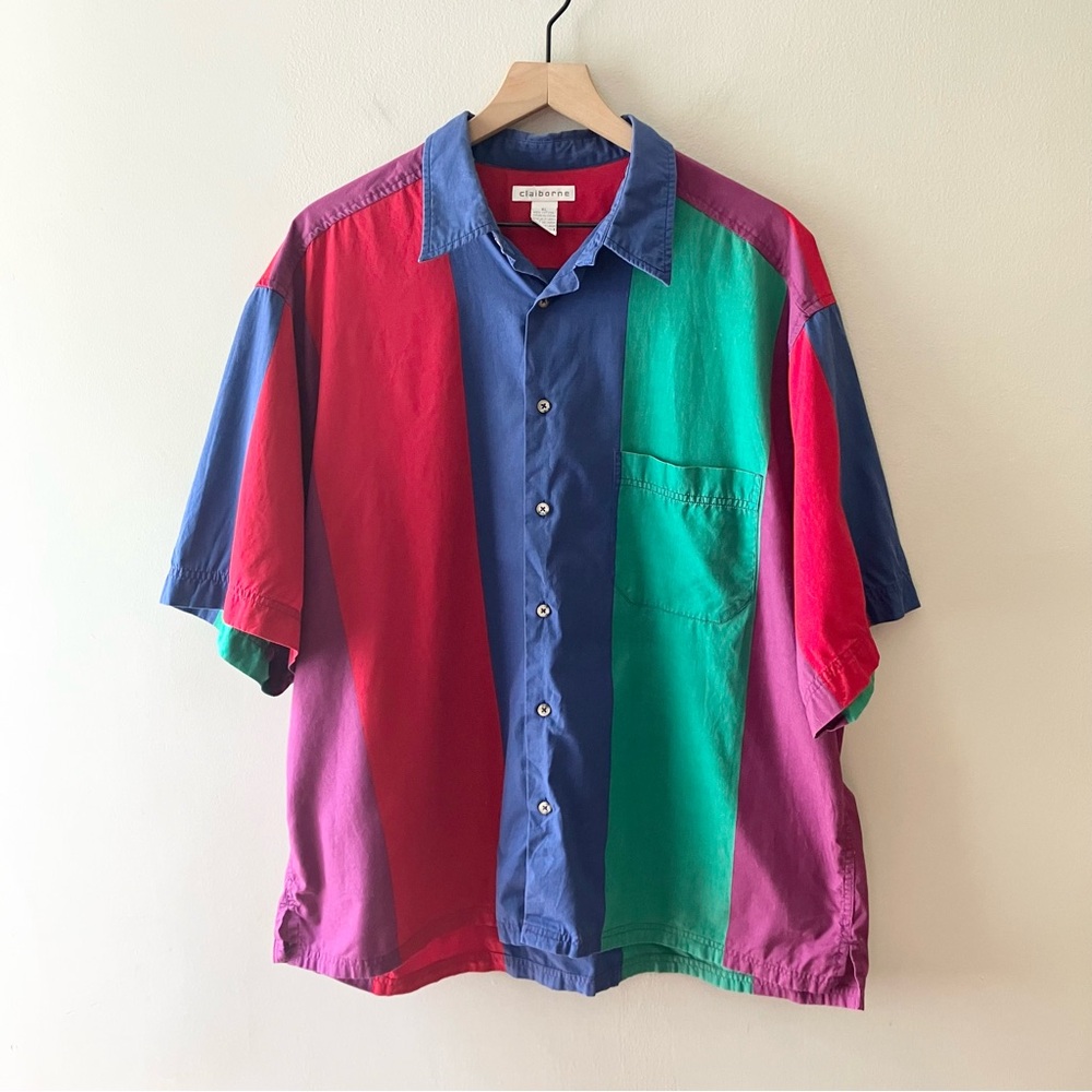 CLAIBORNE Vintage Colorblock Short Sleeve Button Down Shirt